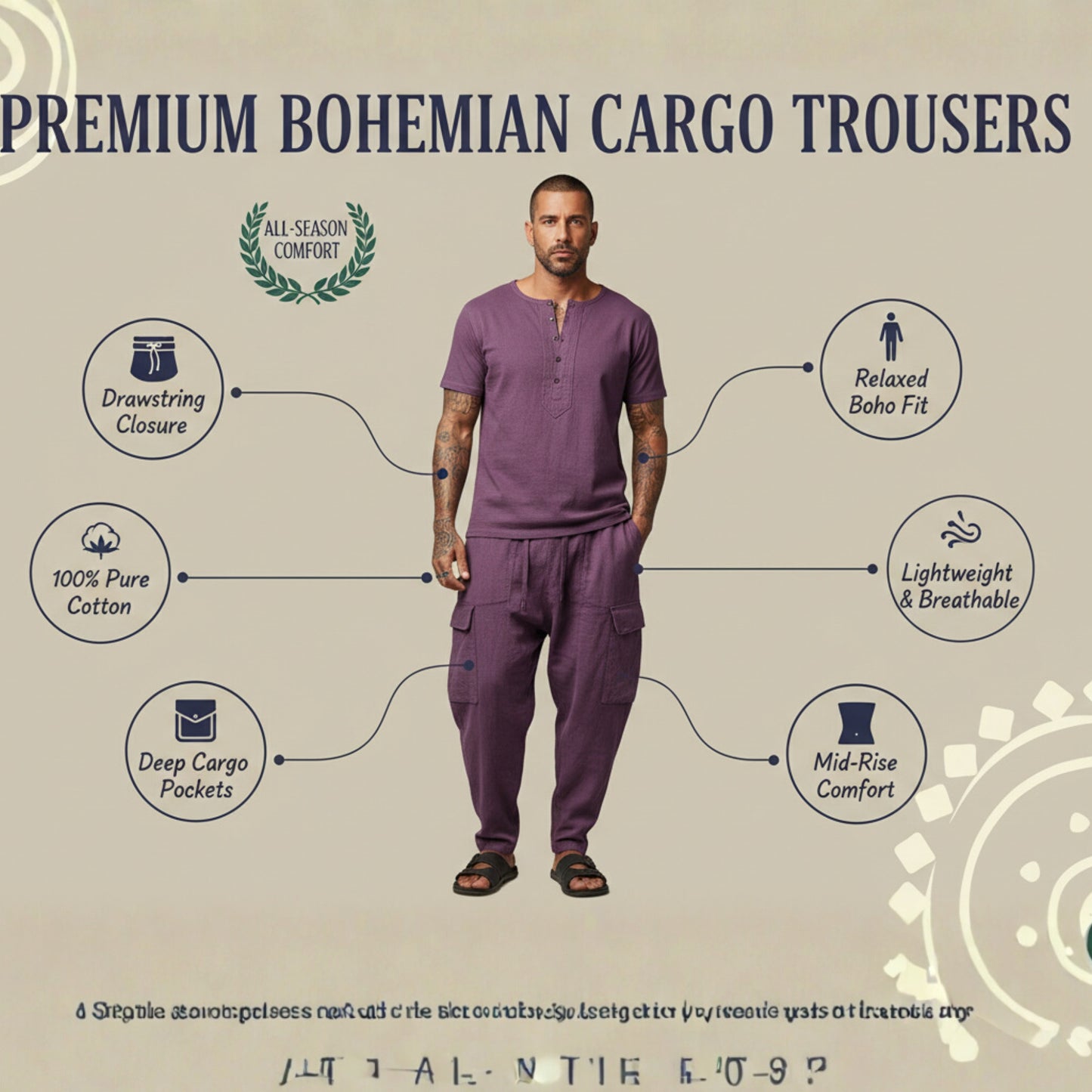 Mens Plain Boho Cargo Pants Mid Rise Elastic Waist Cotton Summer Hippie Trousers