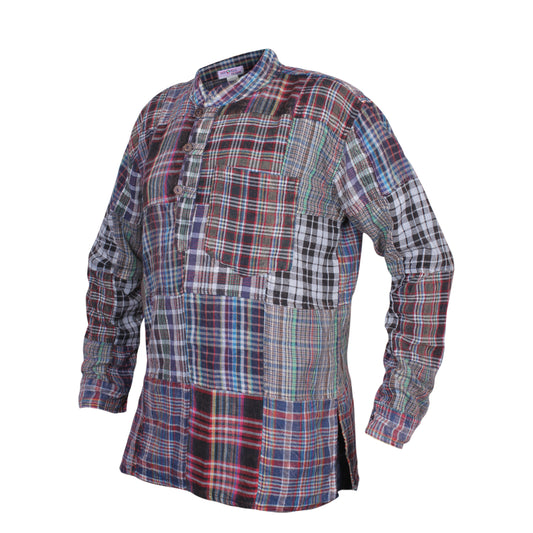 Men's Patchwork Casual Button Down Kurta Checkered Cotton Hippie Grandad Shirts