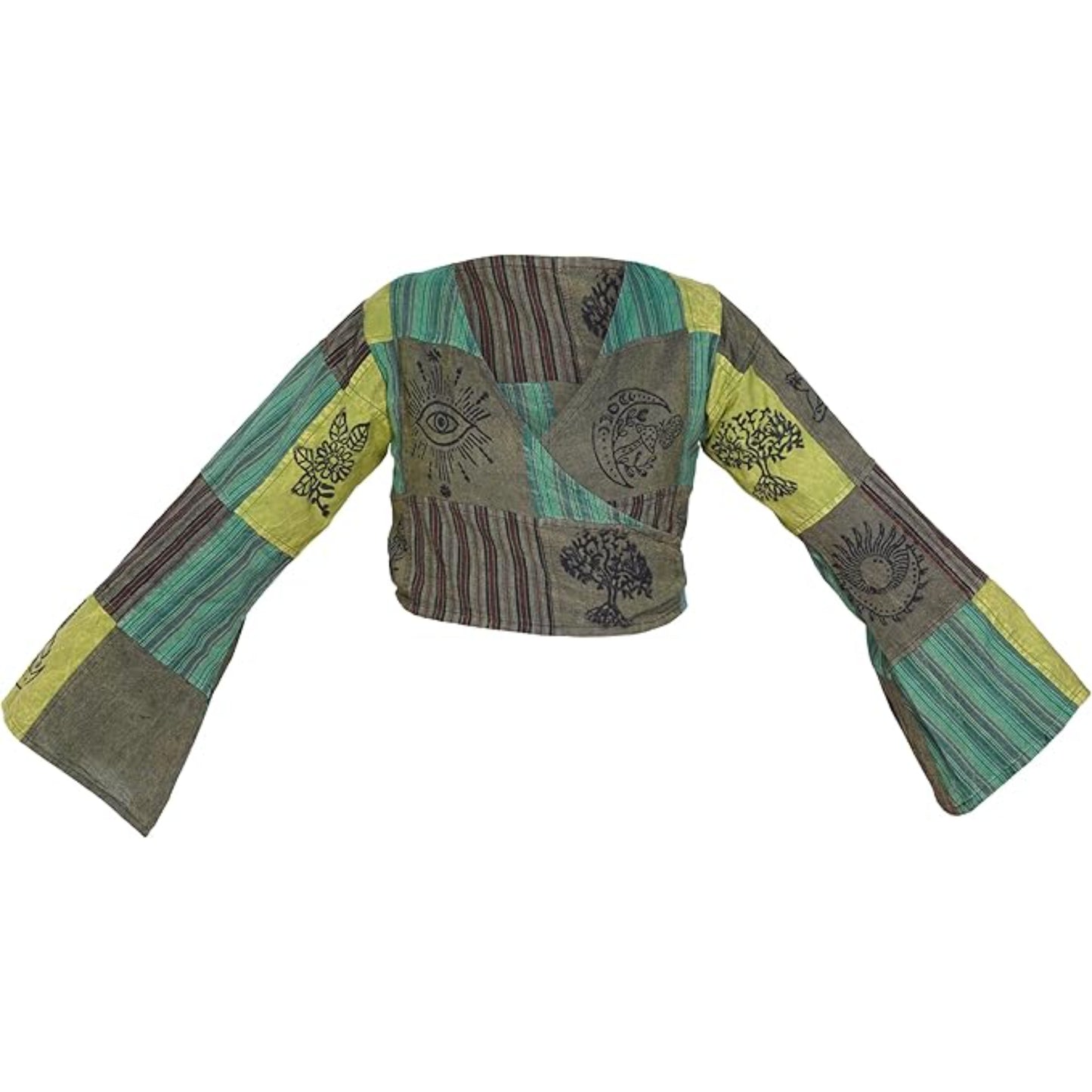 Womens Patchwork Ethnic Print Boho Cotton Long Bell Sleeve Bohemian V Neck Summer Tops