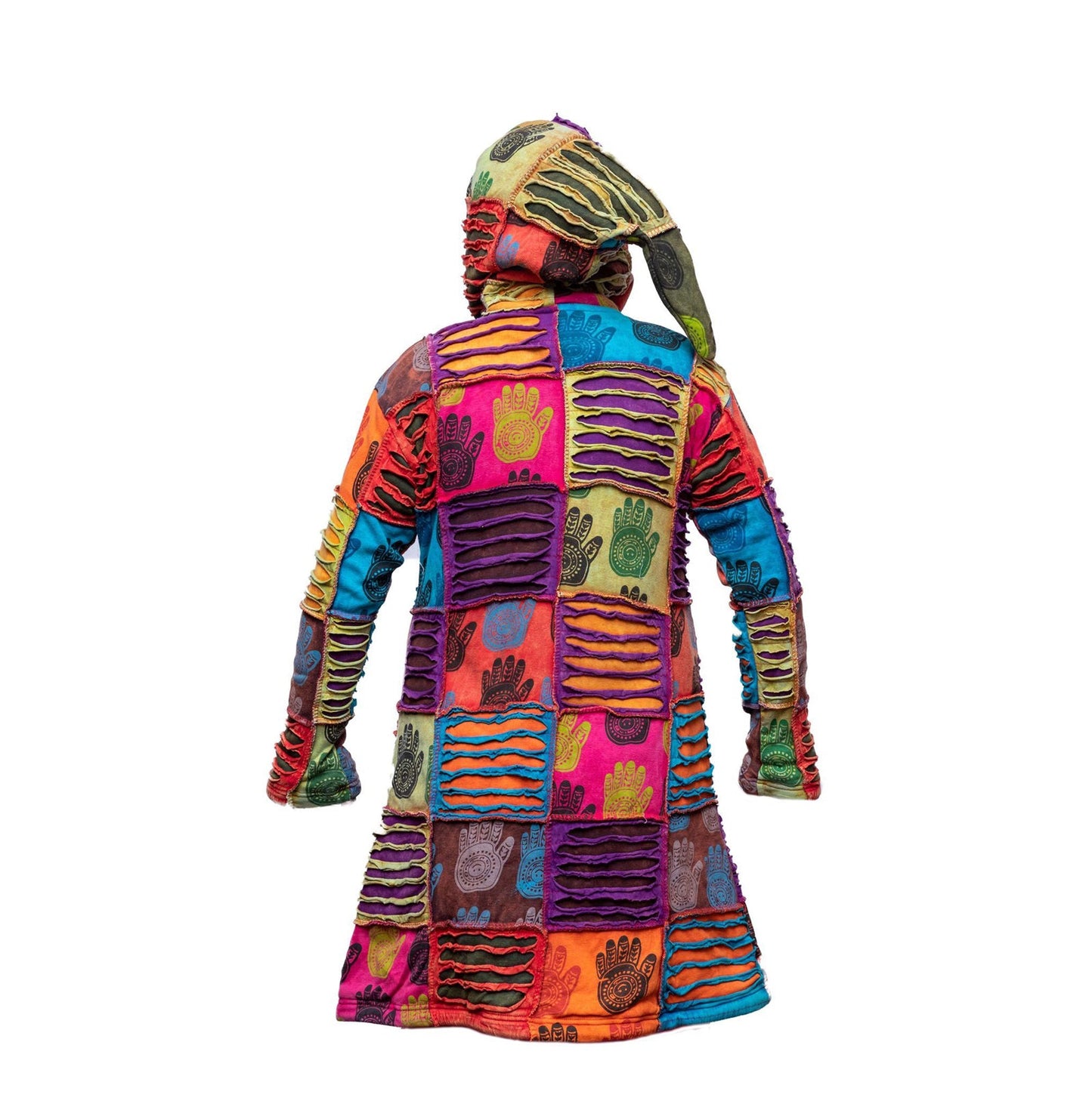 Women's Razor Cut Pixie Hooded Patchwork Henna Hand Print Full Zip Long Coat
