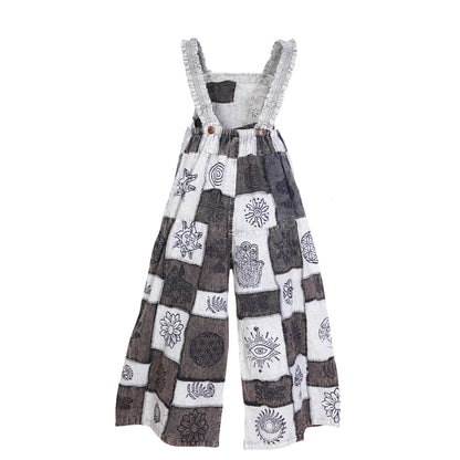 Women’s Cotton Patchwork Mushroom Flower Sun Tribal Print Hippie Summer Dungarees