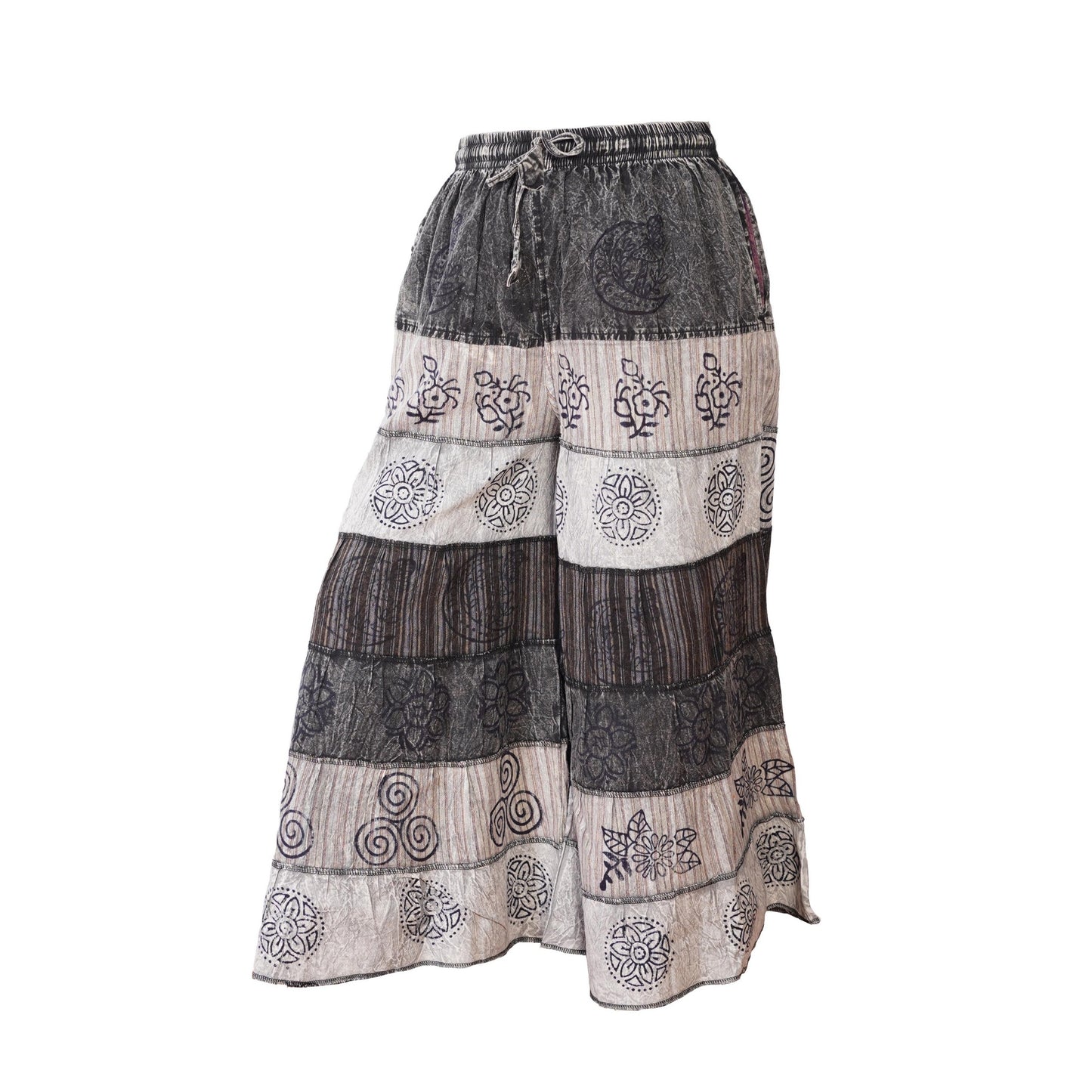 Women’s Cotton Boho Patchwork Elastic Waist Wide Drawstring Leg Palazzo Pants