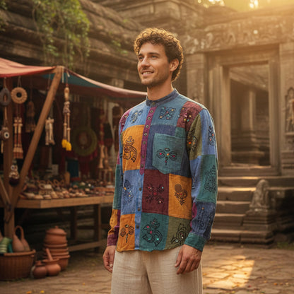 MEN HOLIDAY HIPSTER COLOURFUL TRADITIONAL PATCHWORK SHIRT