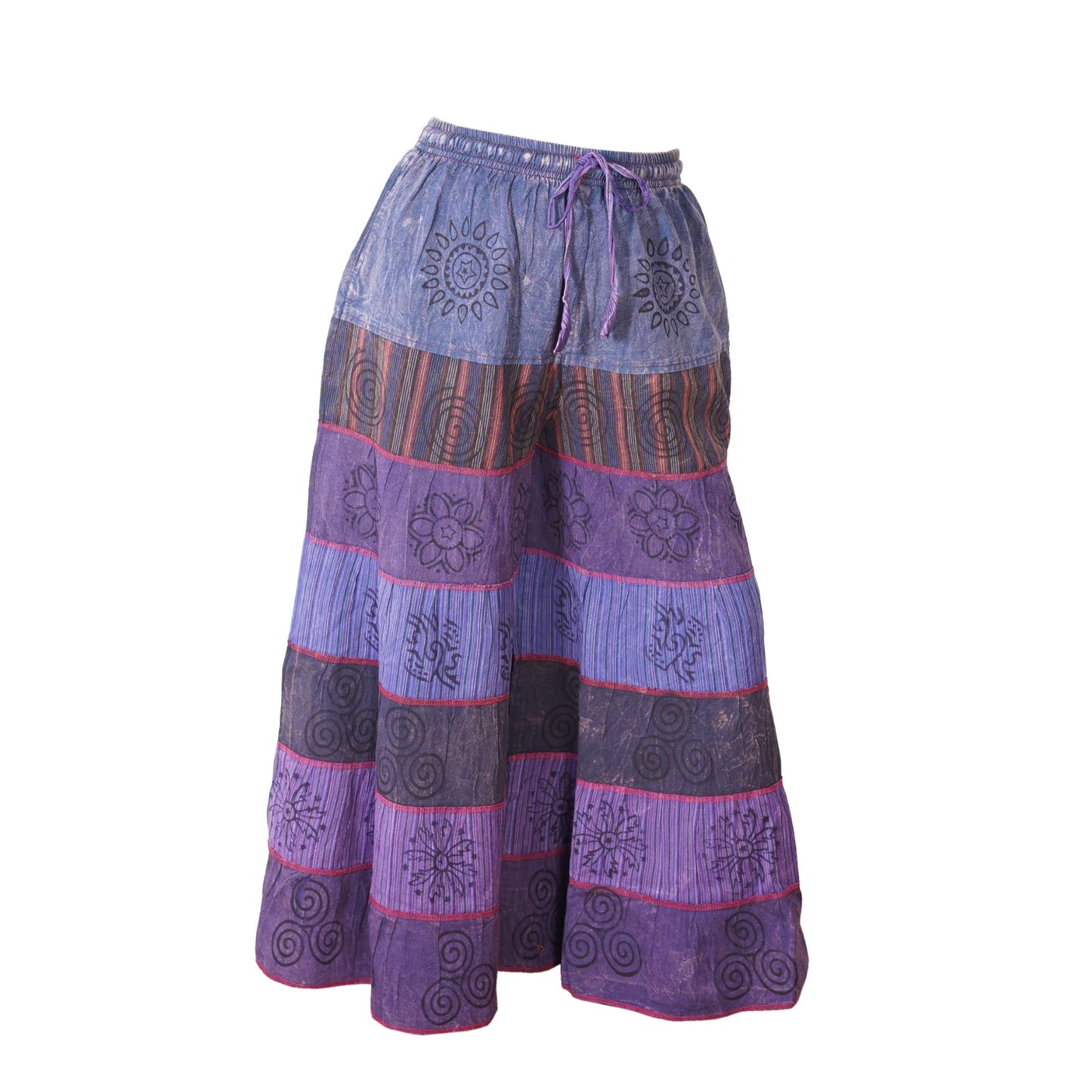 Women’s Cotton Boho Patchwork Elastic Waist Wide Drawstring Leg Palazzo Pants