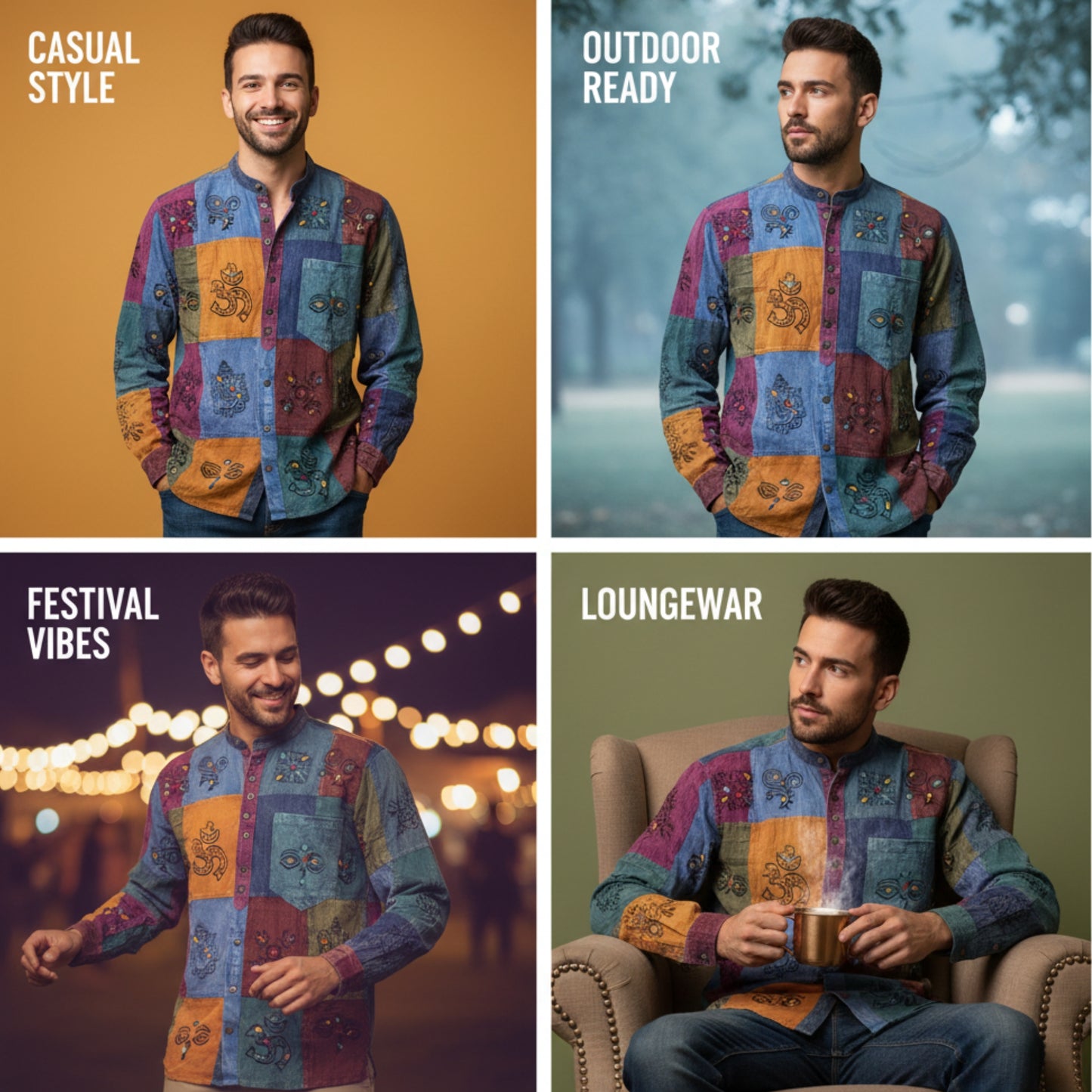 MEN HOLIDAY HIPSTER COLOURFUL TRADITIONAL PATCHWORK SHIRT