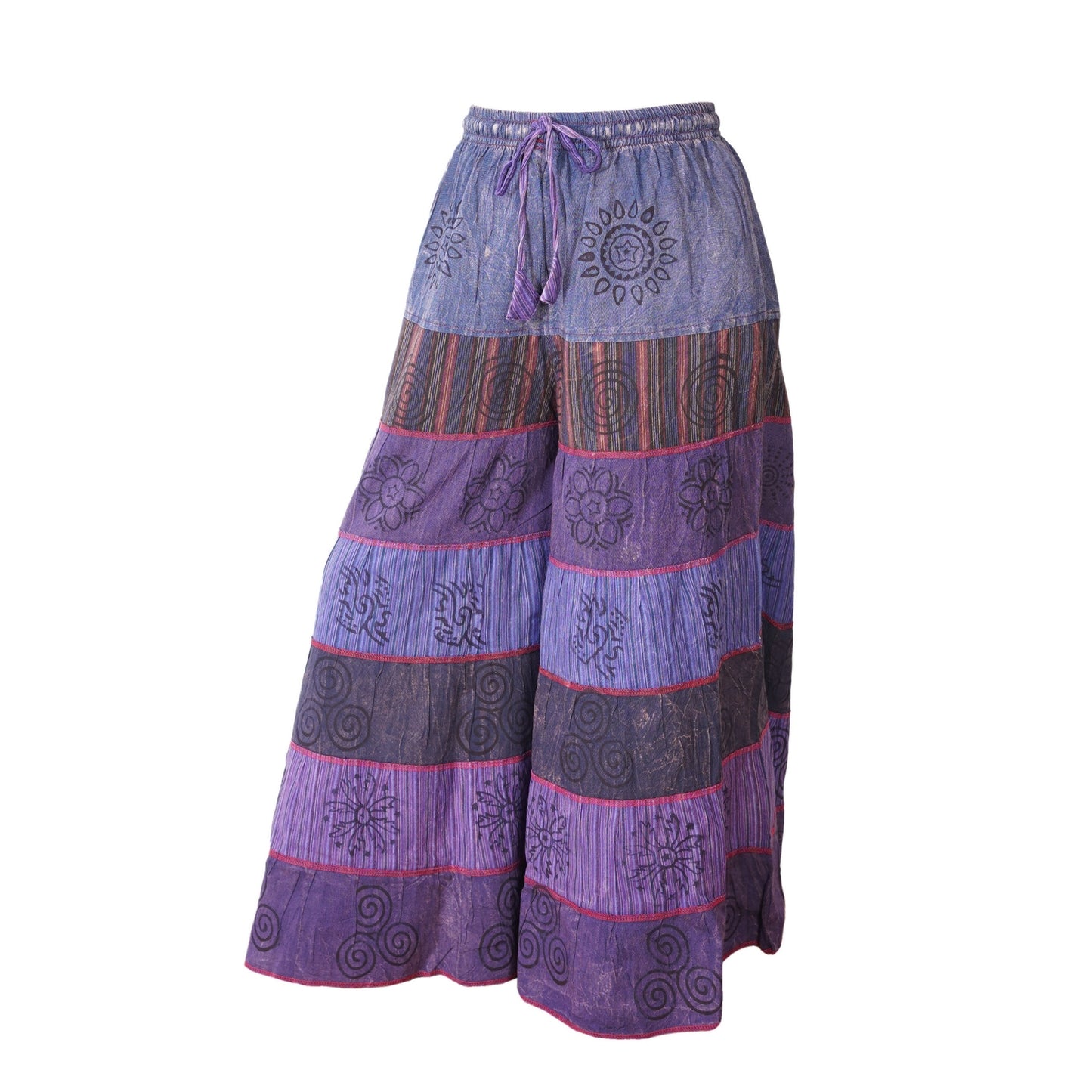 Women’s Cotton Boho Patchwork Elastic Waist Wide Drawstring Leg Palazzo Pants