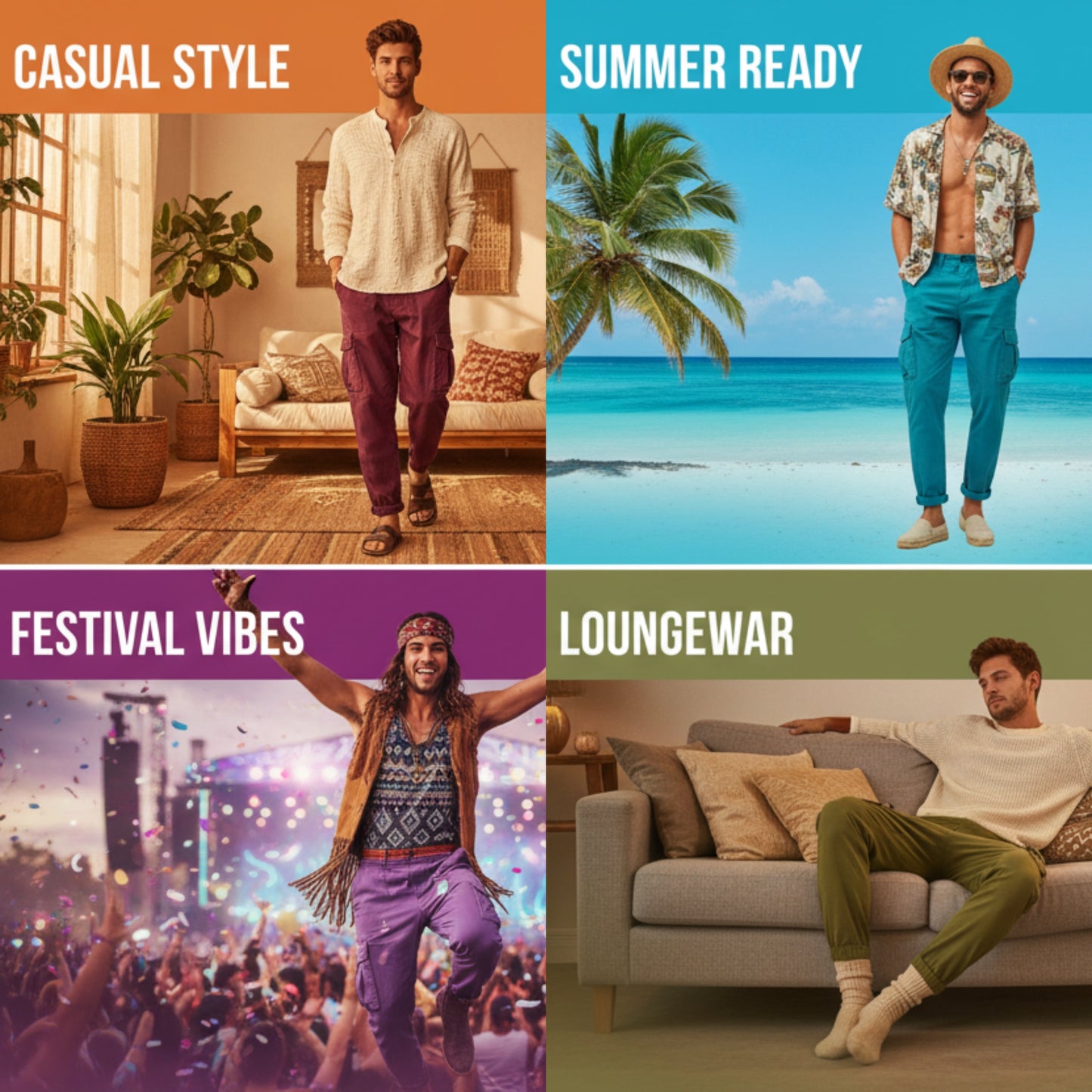 Mens Plain Boho Cargo Pants Mid Rise Elastic Waist Cotton Summer Hippie Trousers