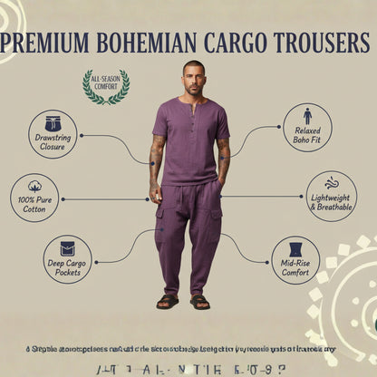 Mens Plain Boho Cargo Pants Mid Rise Elastic Waist Cotton Summer Hippie Trousers