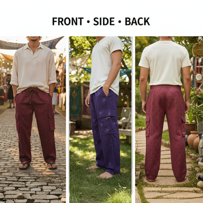 Mens Plain Boho Cargo Pants Mid Rise Elastic Waist Cotton Summer Hippie Trousers