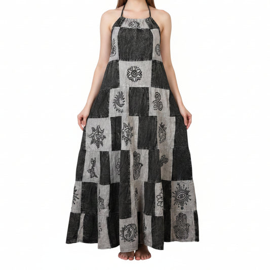 Women Boho Patchwork Cotton Sleeveless Ethnic Print Hippy Flowy Maxi Summer Dress