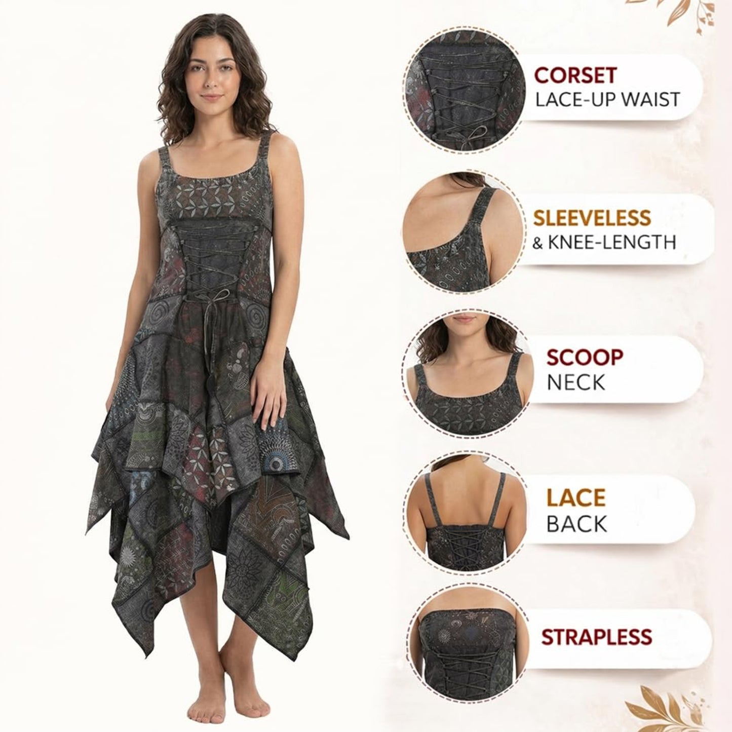 Women's Boho Patchwork Cotton Sleeveless Ethnic Hippy Flowy Festival Summer Dress