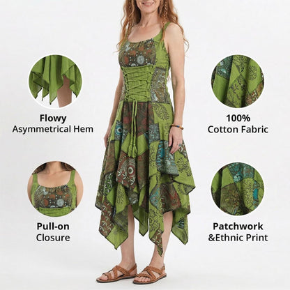 Women's Boho Patchwork Cotton Sleeveless Ethnic Hippy Flowy Festival Summer Dress