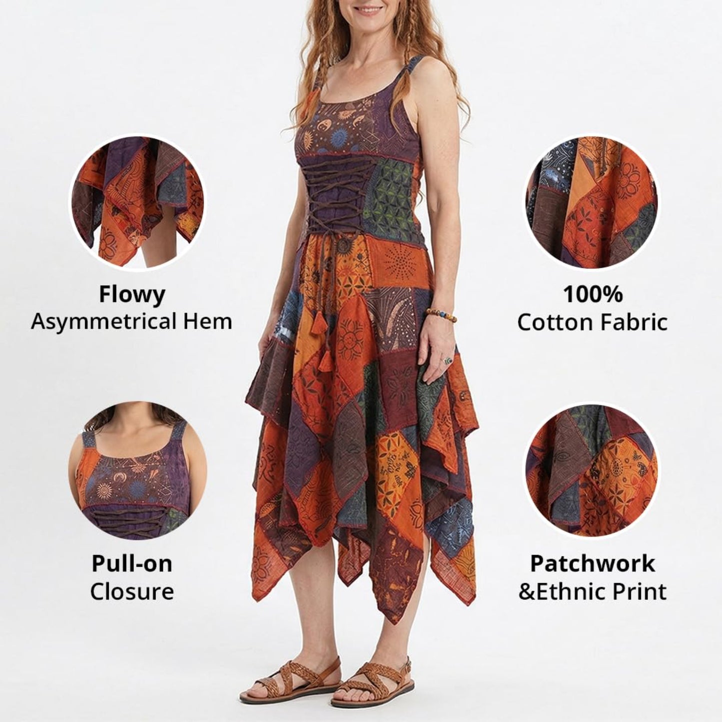 Women's Boho Patchwork Cotton Sleeveless Ethnic Hippy Flowy Festival Summer Dress