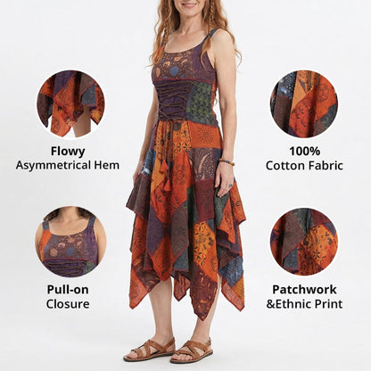 Women's Boho Patchwork Cotton Sleeveless Ethnic Hippy Flowy Festival Summer Dress