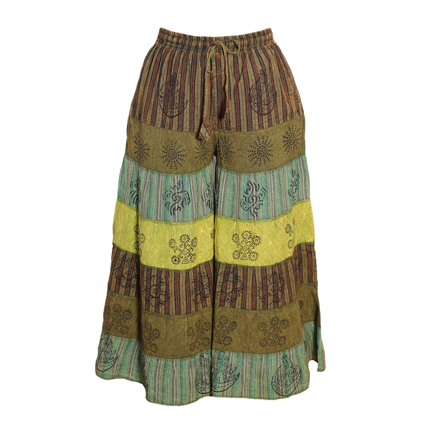 Women’s Cotton Boho Patchwork Elastic Waist Wide Drawstring Leg Palazzo Pants