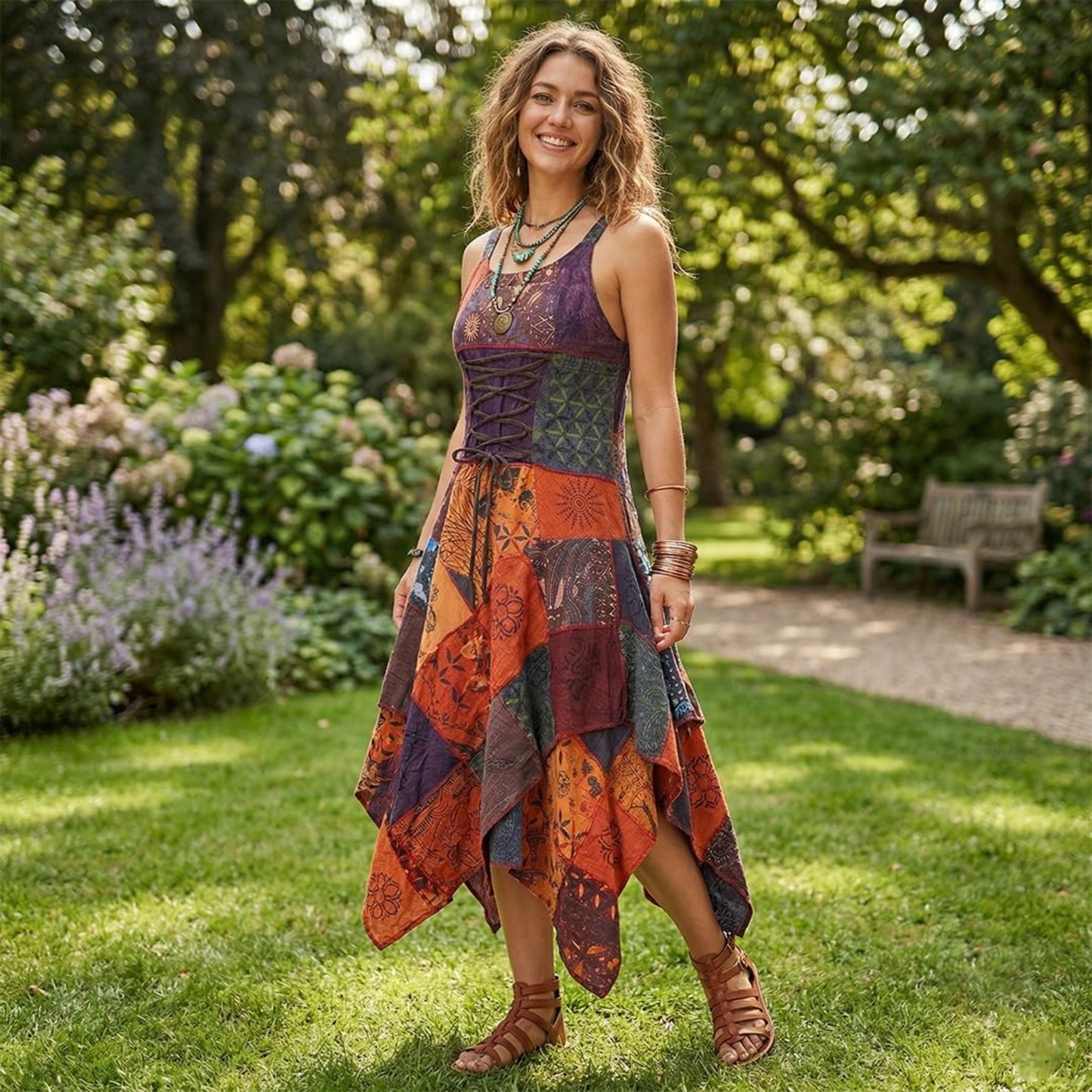 Women's Boho Patchwork Cotton Sleeveless Ethnic Hippy Flowy Festival Summer Dress