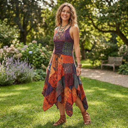 Women's Boho Patchwork Cotton Sleeveless Ethnic Hippy Flowy Festival Summer Dress