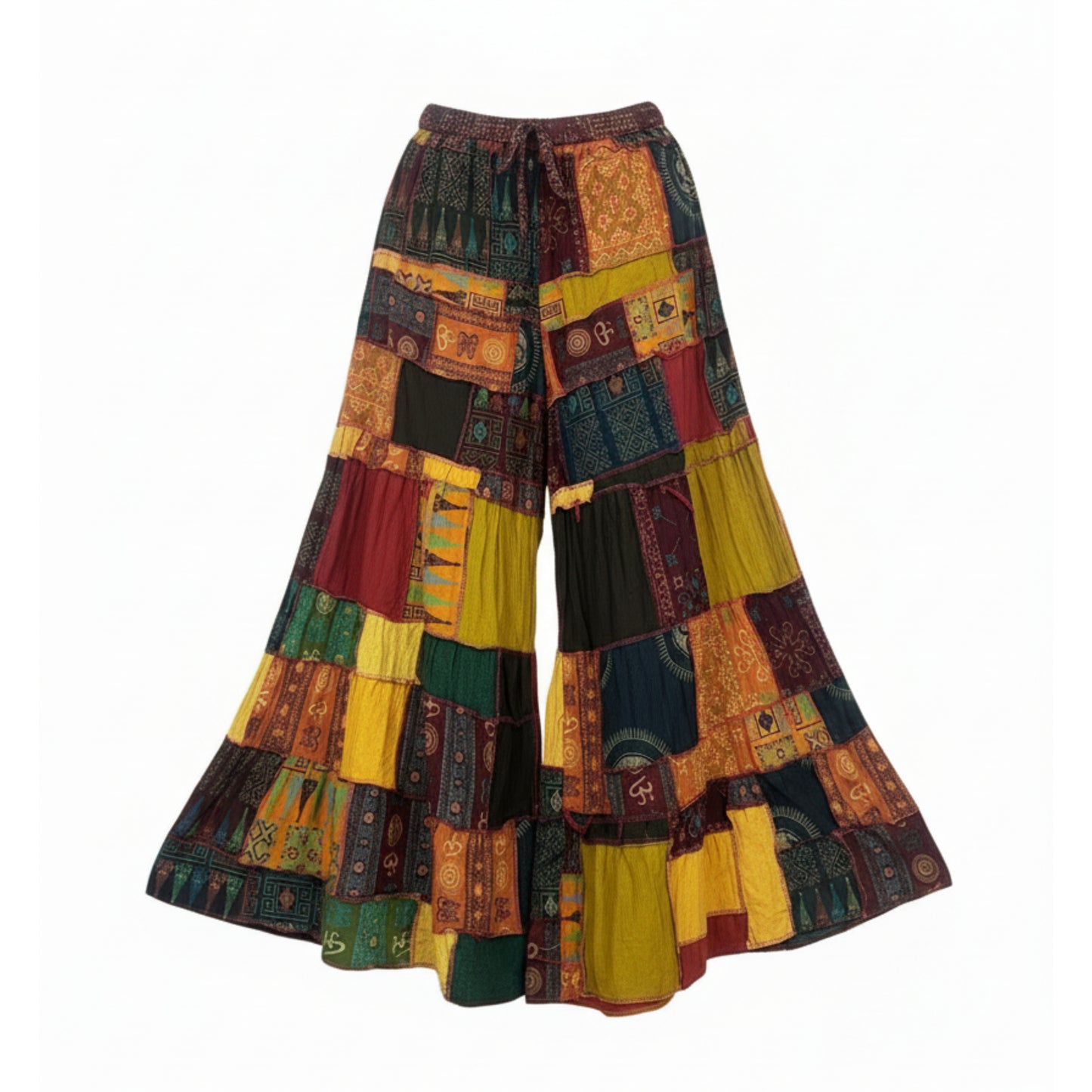 Women’s Patchwork Cotton Palazzo Pants Elastic Waist Drawstring Hippie Outfit