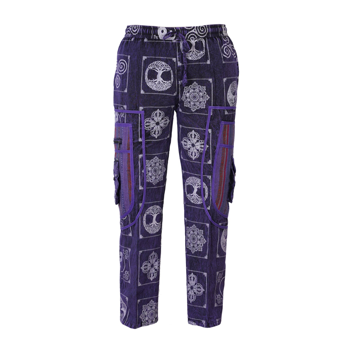Mens Patchwork Elastic Waist Hippie Trousers Ethnic Motifs Printed Festival Cargo Pants
