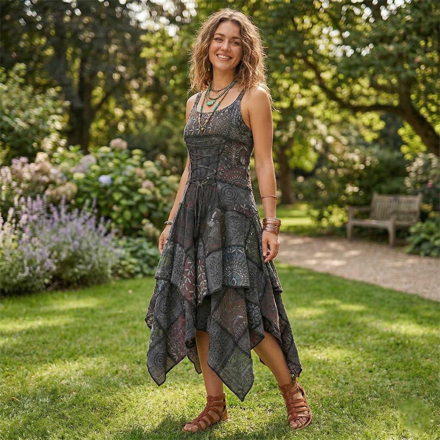 Women's Boho Patchwork Cotton Sleeveless Ethnic Hippy Flowy Festival Summer Dress