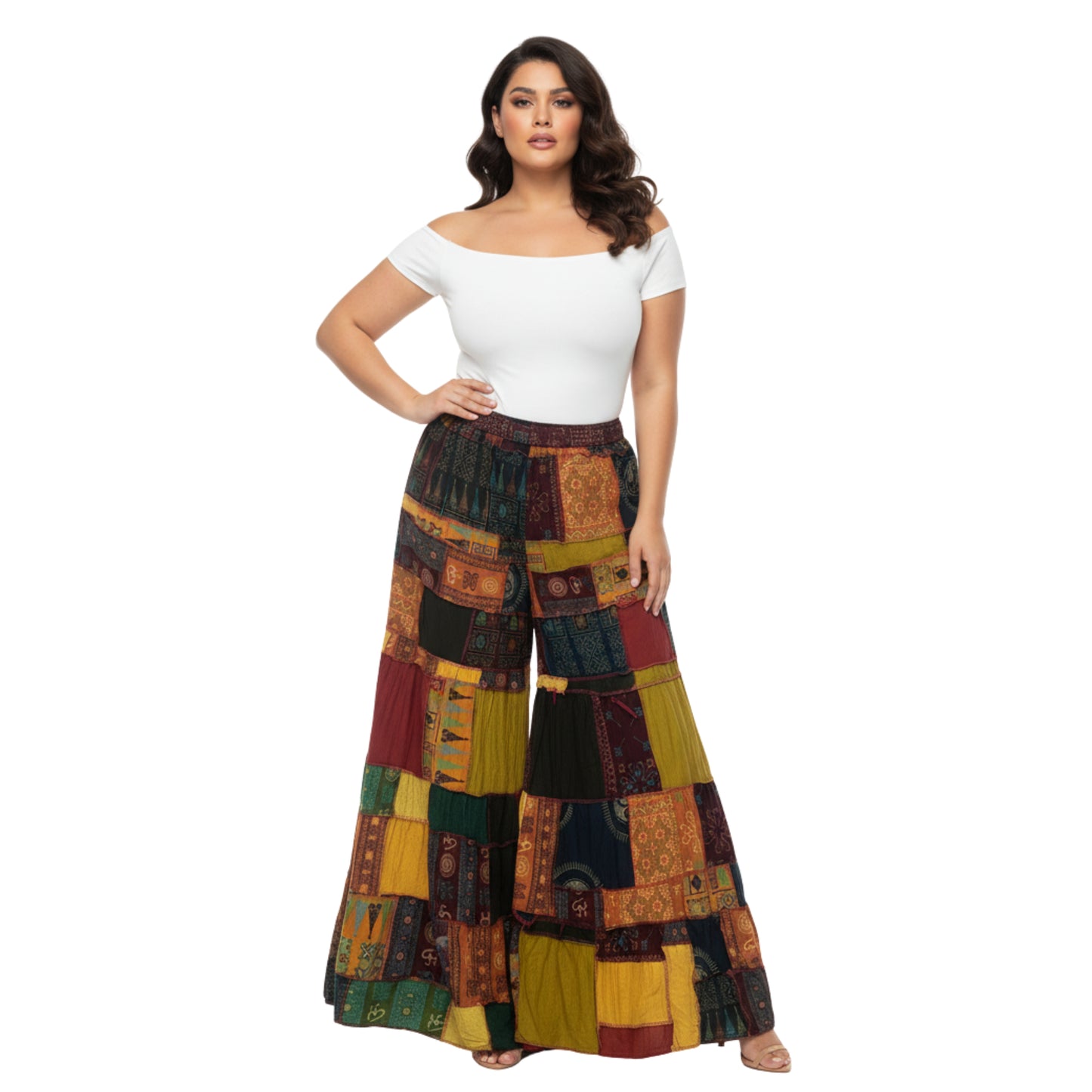 Women’s Patchwork Cotton Palazzo Pants Elastic Waist Drawstring Hippie Outfit