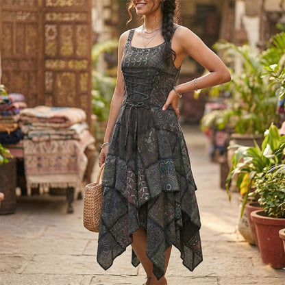 Women's Boho Patchwork Cotton Sleeveless Ethnic Hippy Flowy Festival Summer Dress