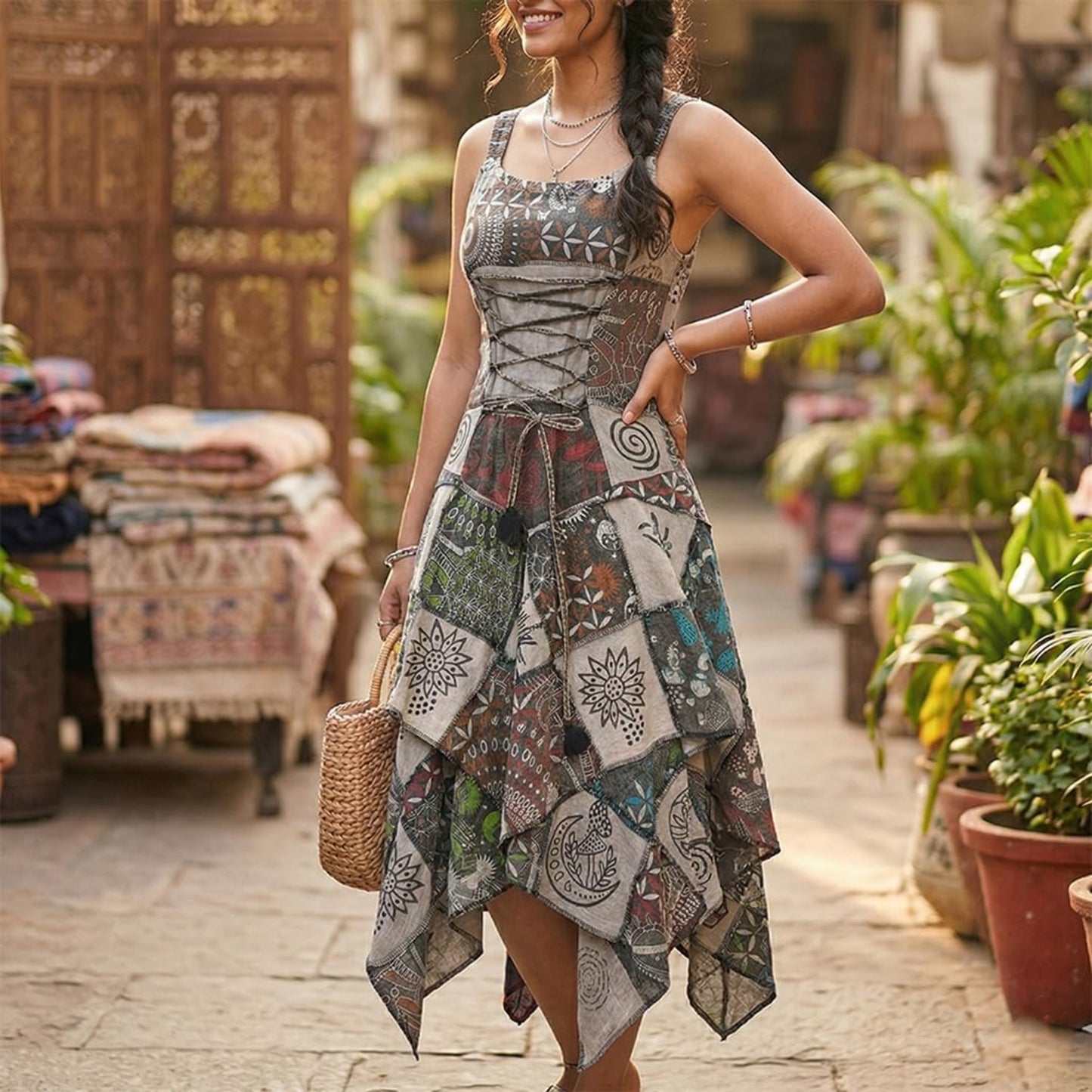 Women's Boho Patchwork Cotton Sleeveless Ethnic Hippy Flowy Festival Summer Dress