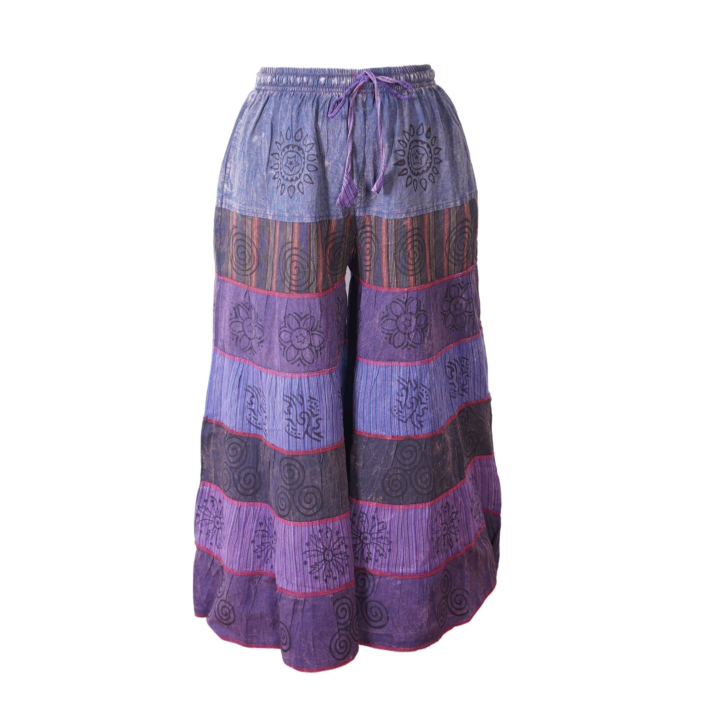 Women’s Cotton Boho Patchwork Elastic Waist Wide Drawstring Leg Palazzo Pants