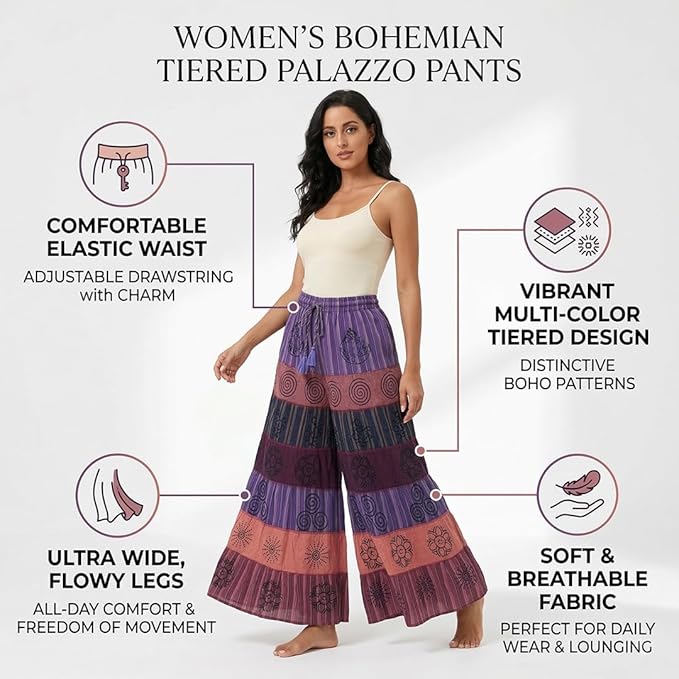 Women’s Cotton Boho Patchwork Elastic Waist Wide Drawstring Leg Palazzo Pants