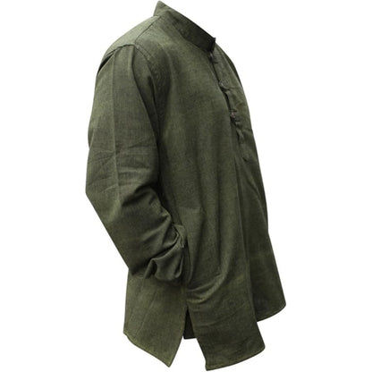 Mens Plain Hemp Band Collar Hippy Summer Light Tops Full Sleeve Grandad Shirt