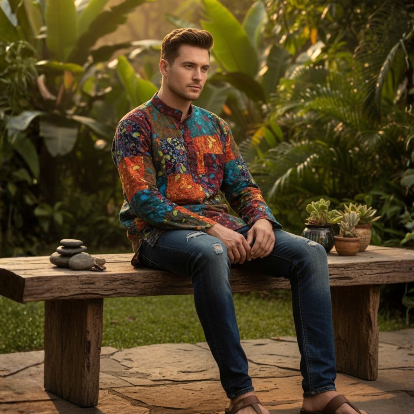 Mens Patchwork Grandad Hippie Shirt Mushroom Print Festival Clothes