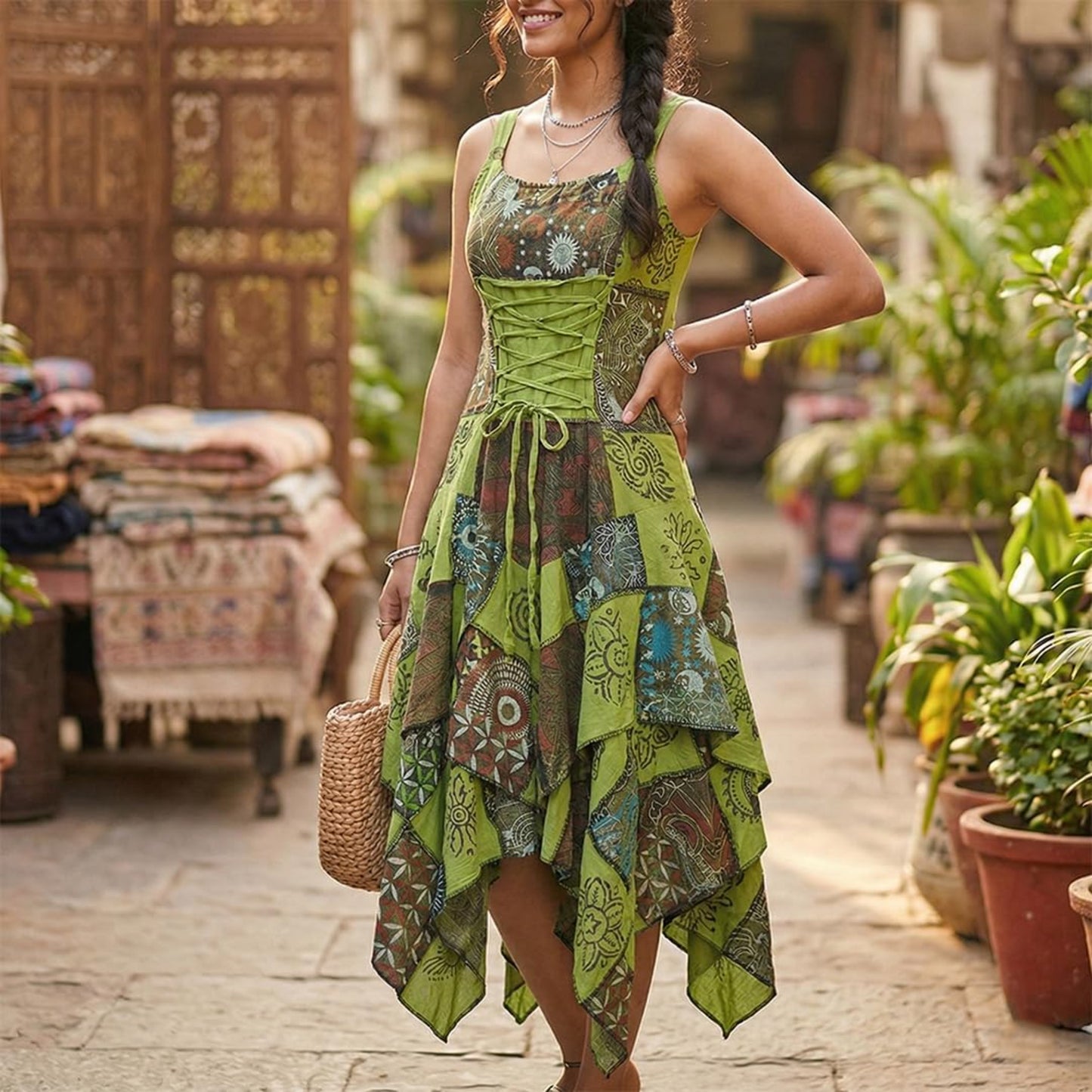 Women's Boho Patchwork Cotton Sleeveless Ethnic Hippy Flowy Festival Summer Dress