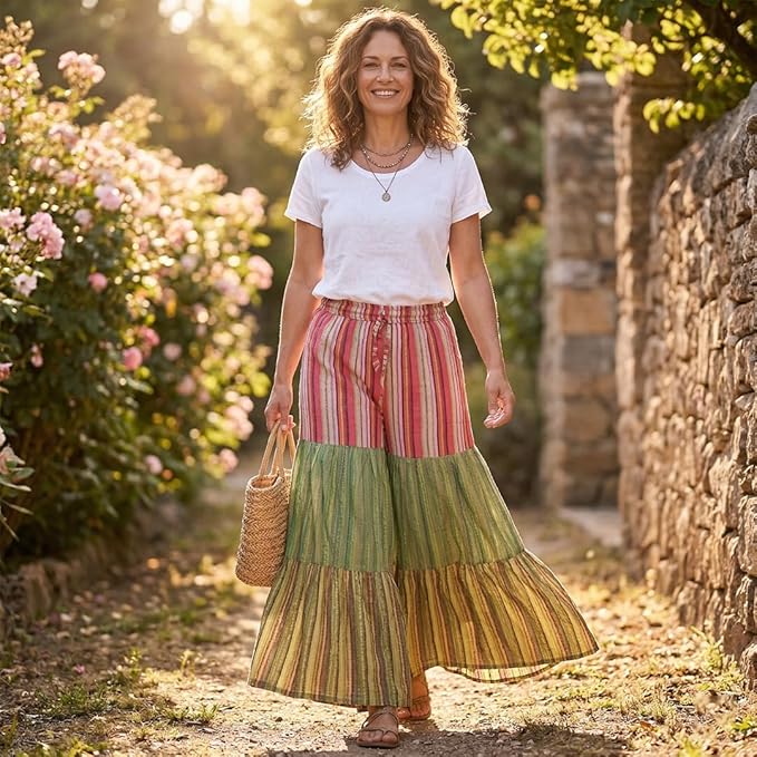 Women’s Cotton Boho Patchwork Elastic Waist Wide Drawstring Leg Palazzo Pants