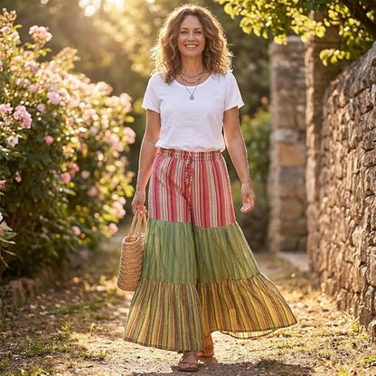 Women’s Cotton Boho Patchwork Elastic Waist Wide Drawstring Leg Palazzo Pants
