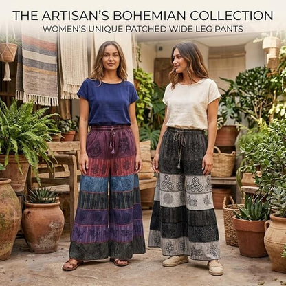 Women’s Cotton Boho Patchwork Elastic Waist Wide Drawstring Leg Palazzo Pants