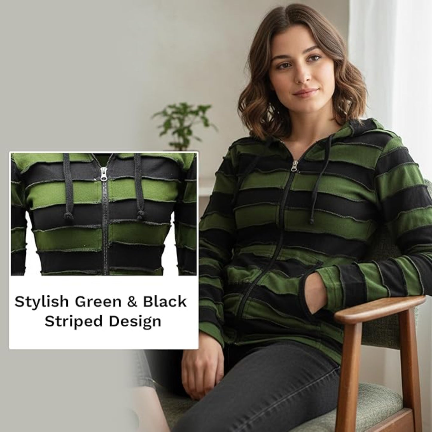 Women's Embroidered Stripe Jacket Hippie Cotton Ribbed Pixie Hoodie
