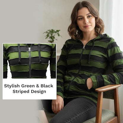 Women's Embroidered Stripe Jacket Hippie Cotton Ribbed Pixie Hoodie