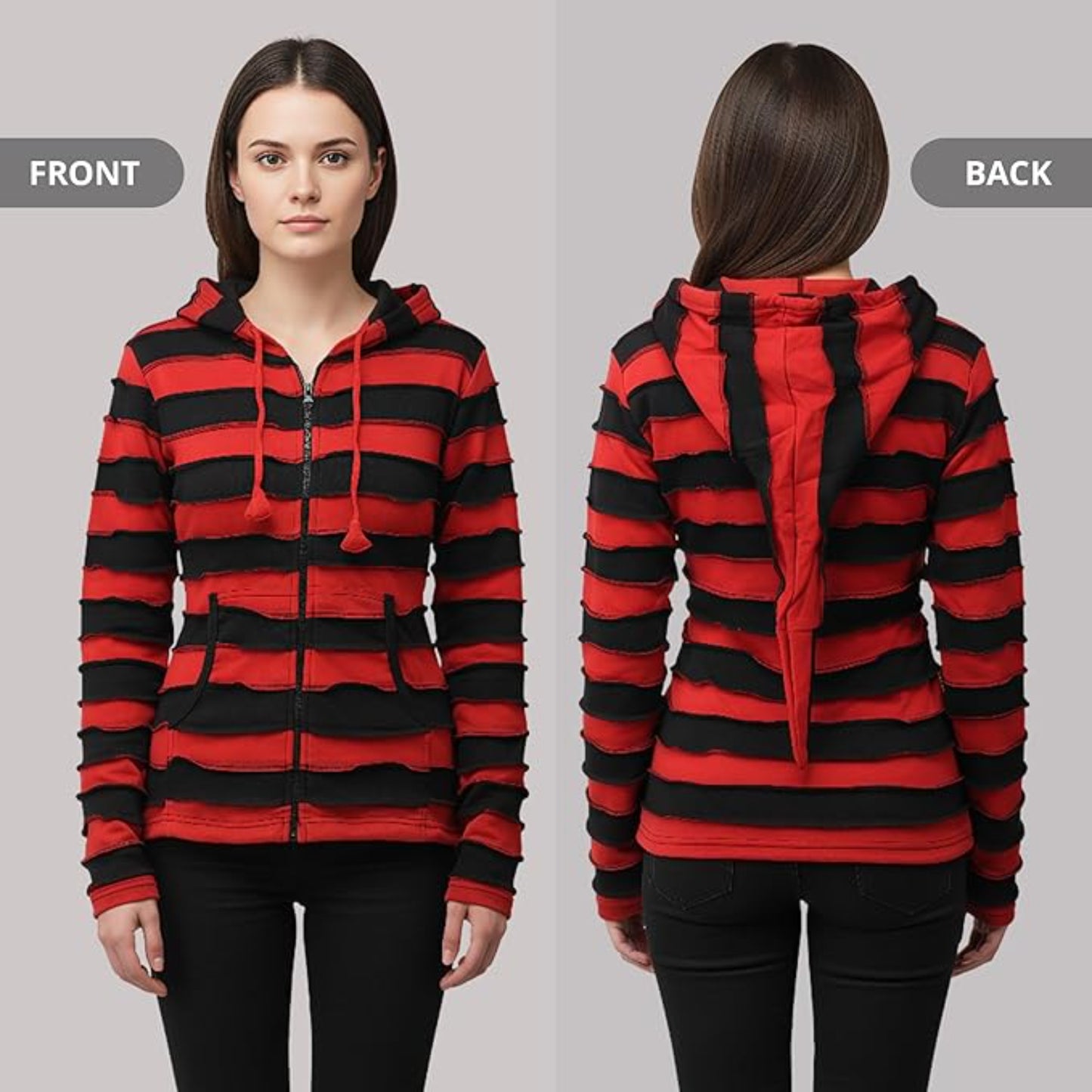 Women's Embroidered Stripe Jacket Hippie Cotton Ribbed Pixie Hoodie