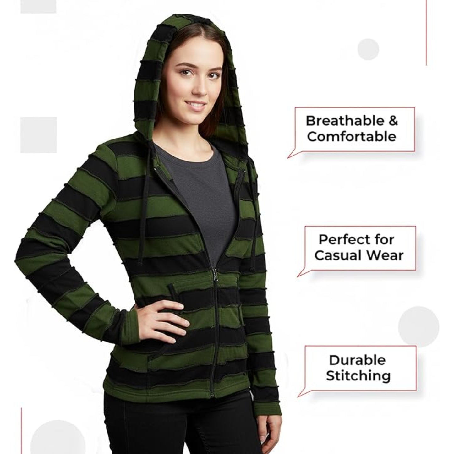 Women's Embroidered Stripe Jacket Hippie Cotton Ribbed Pixie Hoodie