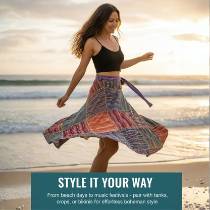 Women Wrap Round Hippie Festival Solid Patchwork Boho Multicoloured Long Skirt