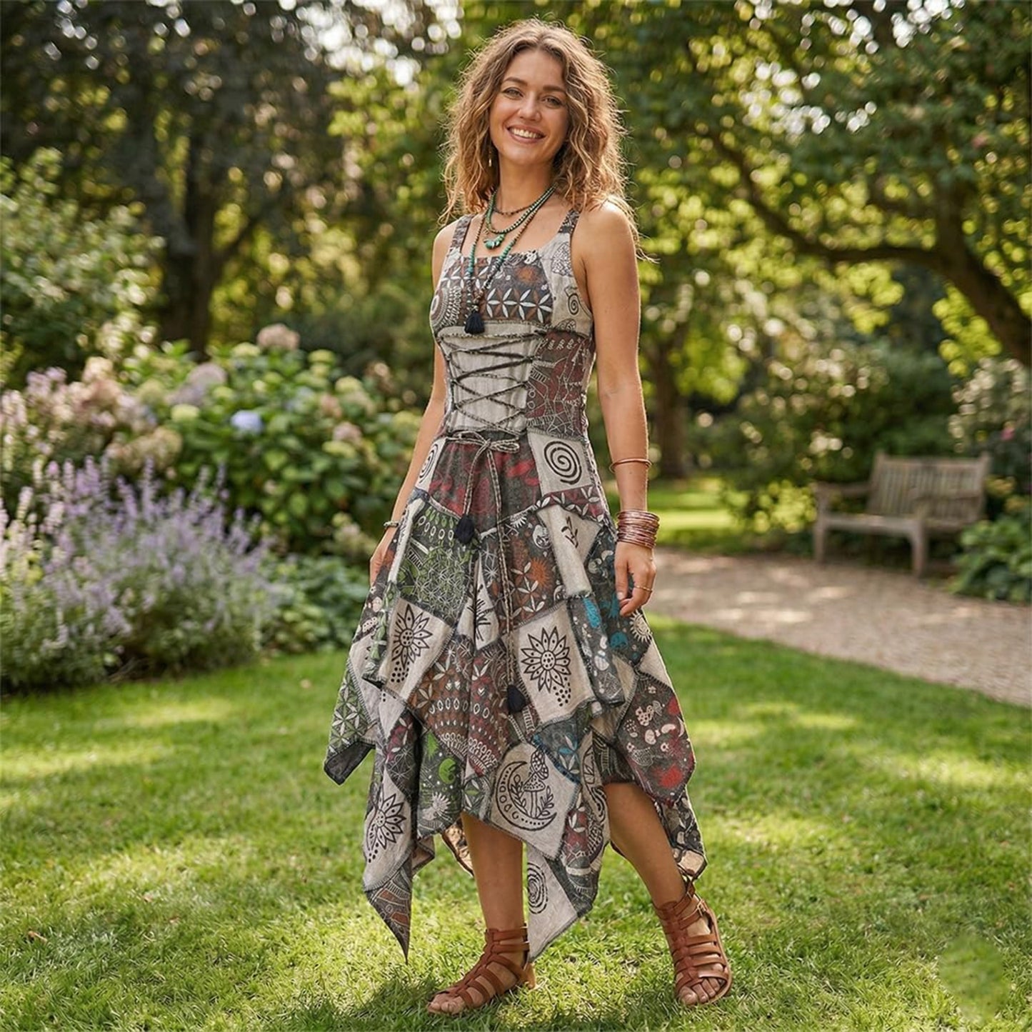 Women's Boho Patchwork Cotton Sleeveless Ethnic Hippy Flowy Festival Summer Dress