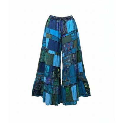 Women’s Patchwork Cotton Palazzo Pants Elastic Waist Drawstring Hippie Outfit