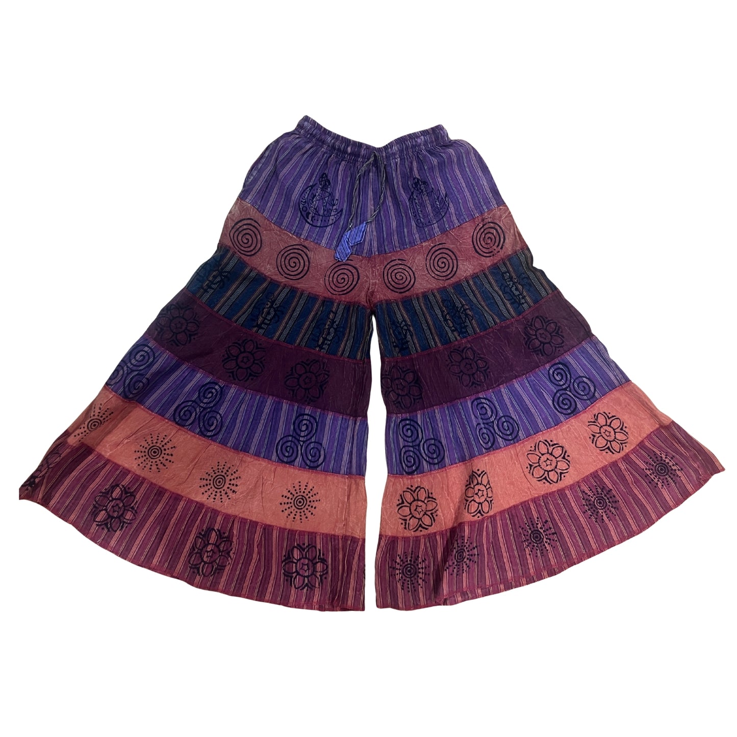 Women’s Cotton Boho Patchwork Elastic Waist Wide Drawstring Leg Palazzo Pants