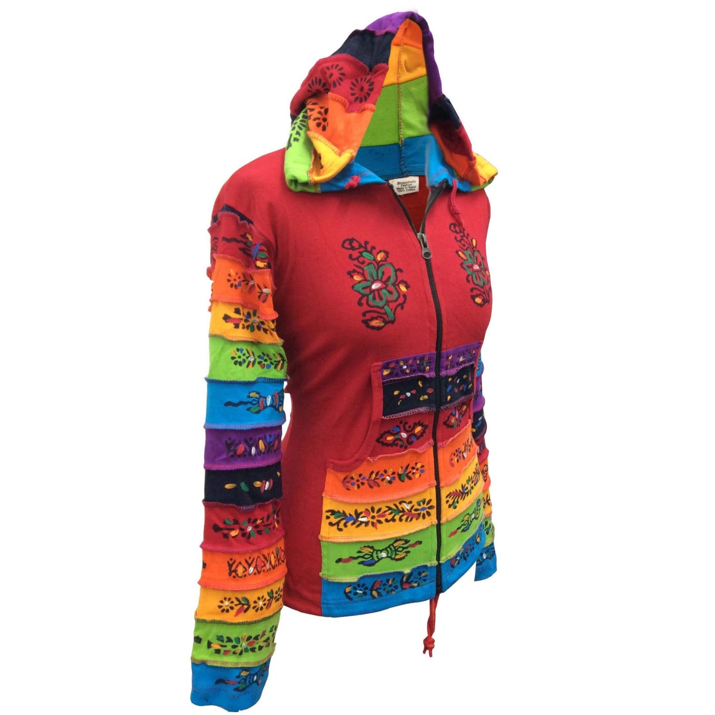 WOMEN RAINBOW FLOWER PATCH LONG SLEEVE HIPPIE PIXIE HOODIE JACKET