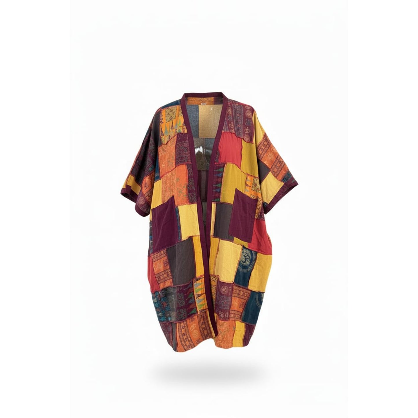 Women's Handmade Patchwork Cotton Short Sleeve Open Front Boho Lightweight Festival Hippie Summer Shirt