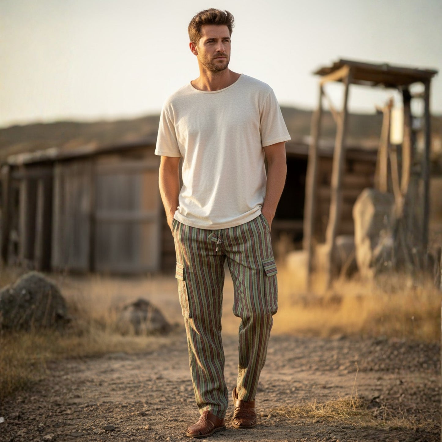 Men Stripes Wide Leg Hippie Multicolour Boho Festival Cargo Trousers, Casual Combat Pants