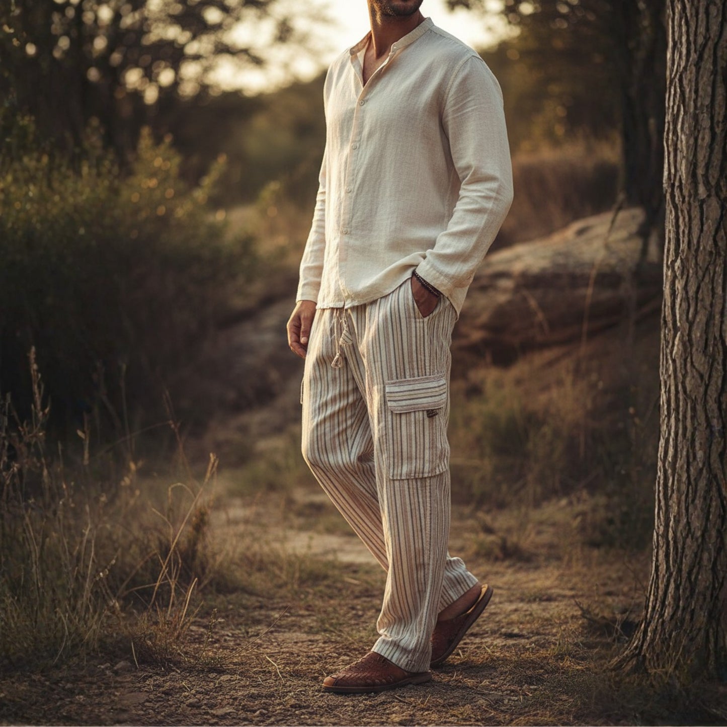 Men Stripes Wide Leg Hippie Multicolour Boho Festival Cargo Trousers, Casual Combat Pants