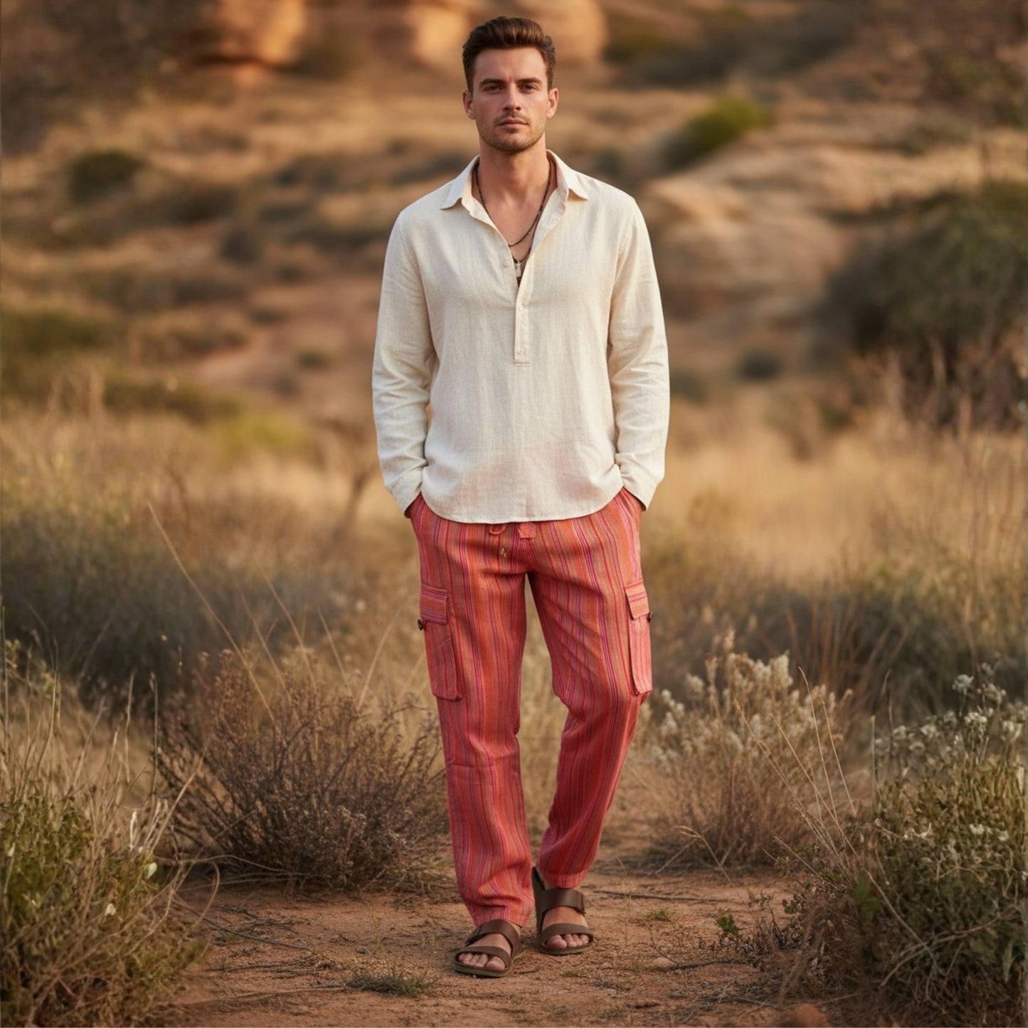 Men Stripes Wide Leg Hippie Multicolour Boho Festival Cargo Trousers, Casual Combat Pants