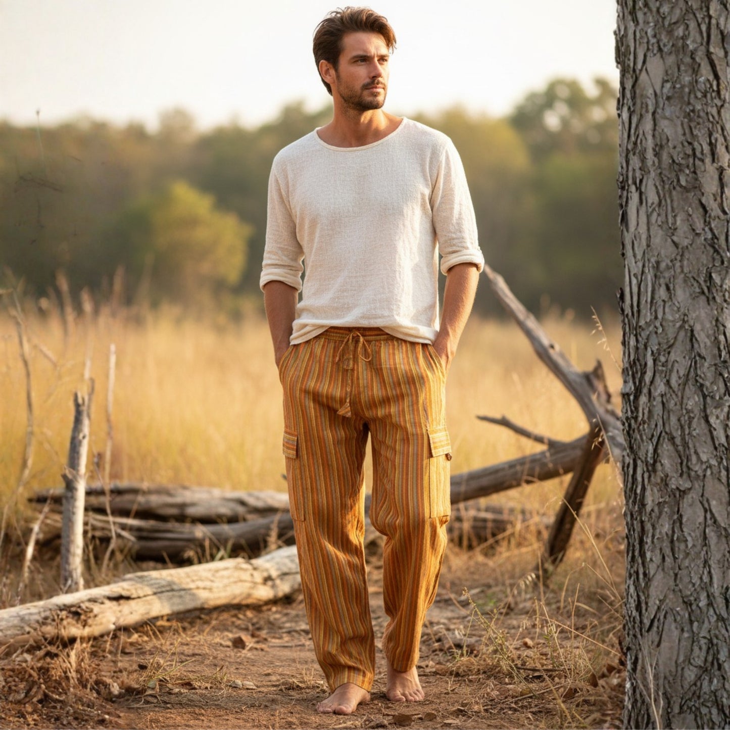 Men Stripes Wide Leg Hippie Multicolour Boho Festival Cargo Trousers, Casual Combat Pants