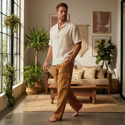Men Stripes Wide Leg Hippie Multicolour Boho Festival Cargo Trousers, Casual Combat Pants